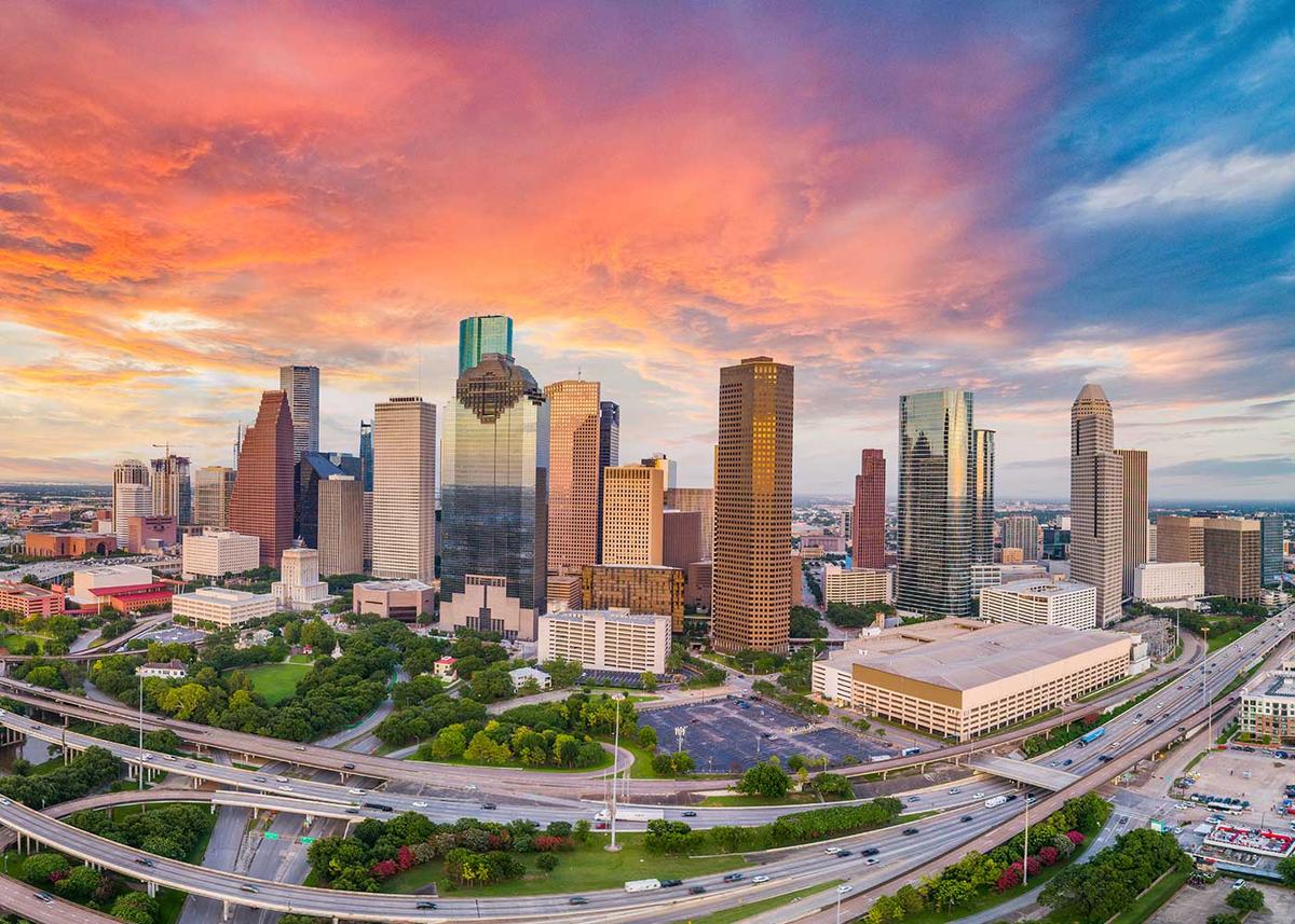 Houston Texas skyline at sunset