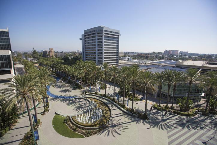 Elevated daytime view of the Anaheim, California skyline.