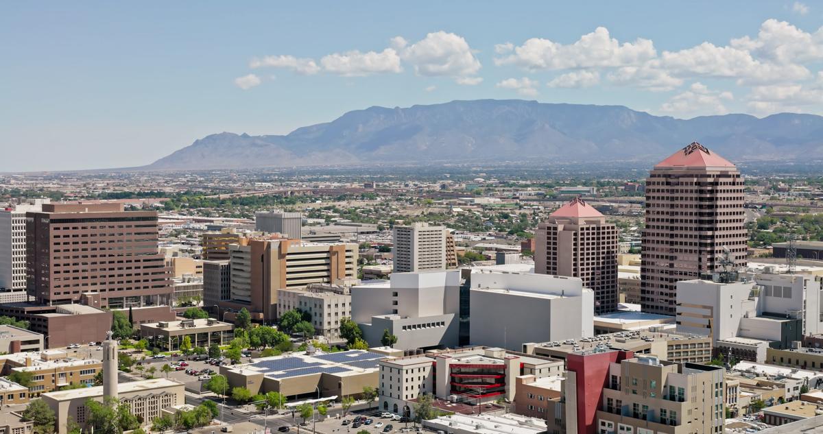 Albuquerque, New Mexico with Sandia Crest in the Distance on a Sunny Day – Drone View